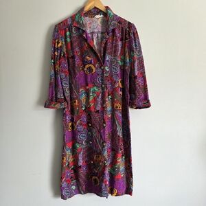 Vintage Leslie Belle Floral Artsy Flowy Button Down Collar Shirt Dress XL